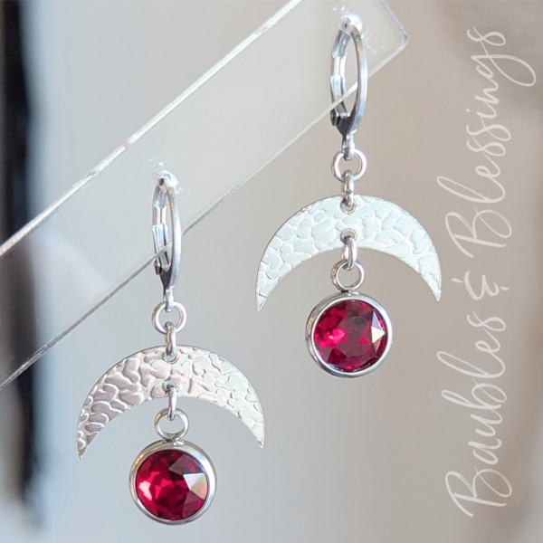 Crescent Moon Earrings with Dark Red Crystals