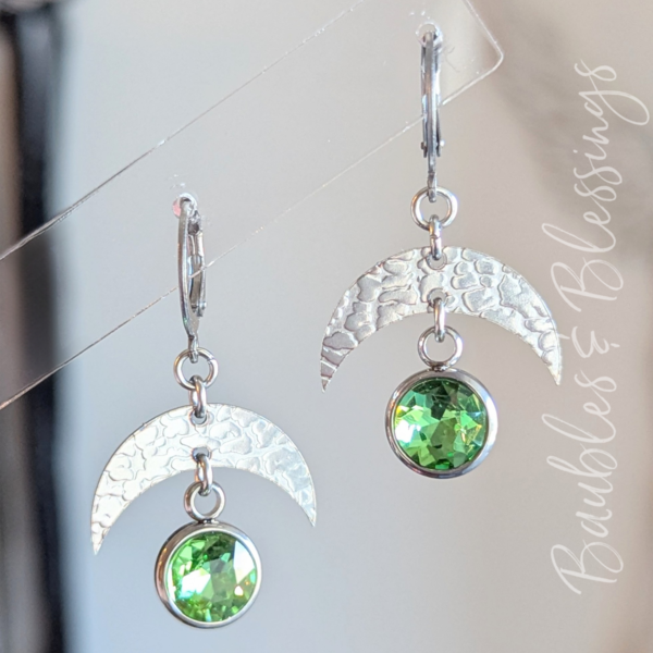 Crescent Moon Earrings with Lime Green Crystals