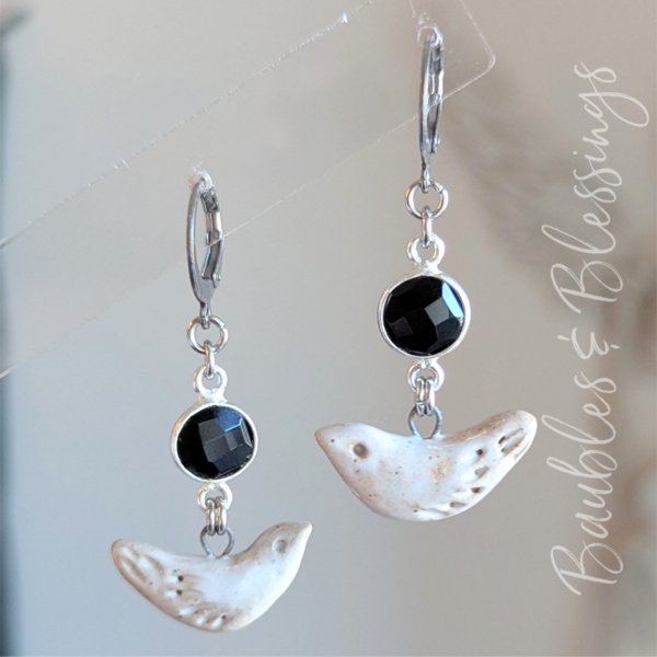 Petite Ceramic Bird Earrings with Onyx Gems