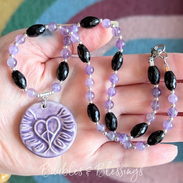 RESERVED for S: Amethyst & Onyx Sufi Heart Necklace