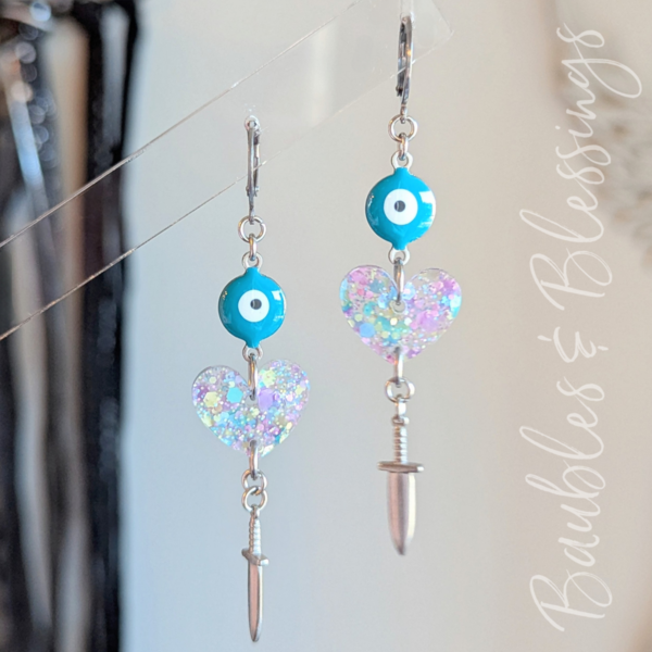 Evil Eye Earrings with Pastel Confetti Hearts & Daggers