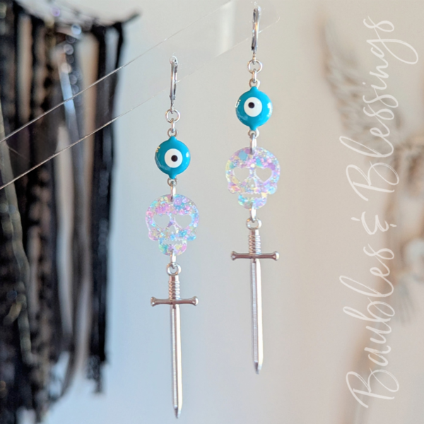 Evil Eye Earrings with Pastel Confetti Skulls & Swords