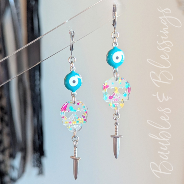 Evil Eye Earrings with Bright Confetti Skulls & Daggers