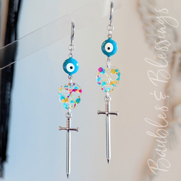Evil Eye Earrings with Bright Confetti Skulls & Swords