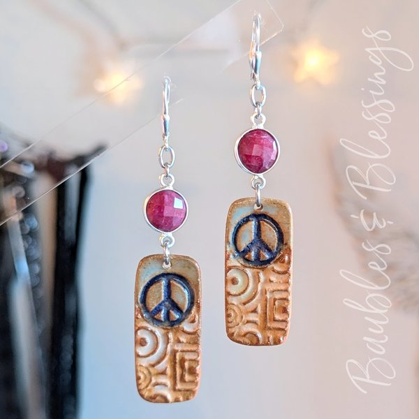 RESERVED for W: Peace Sign Earrings with Ruby