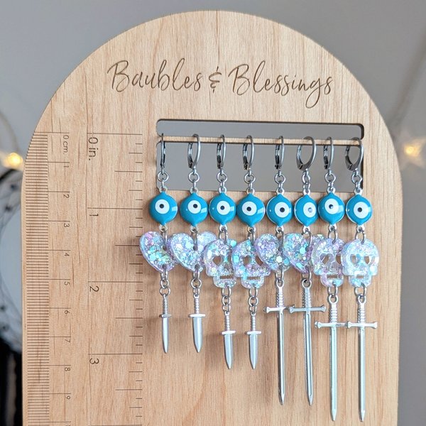RESERVED for W: Evil Eye Earrings w Skulls & Swords