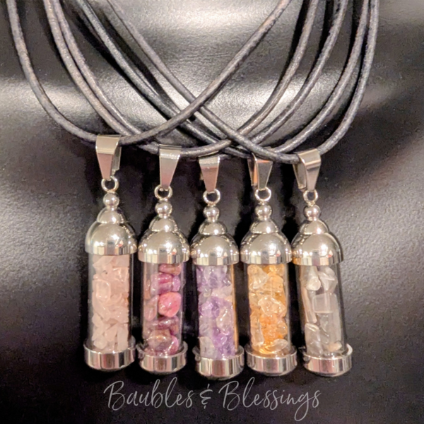 Stainless Steel Gemstone Vials on Leather Cords