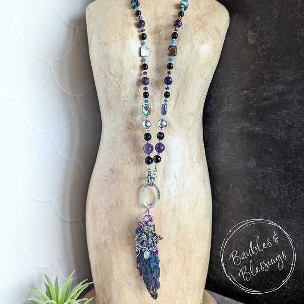 OOAK Bee Necklace with Black Kyanite, Amethyst, Apatite & Pāua
