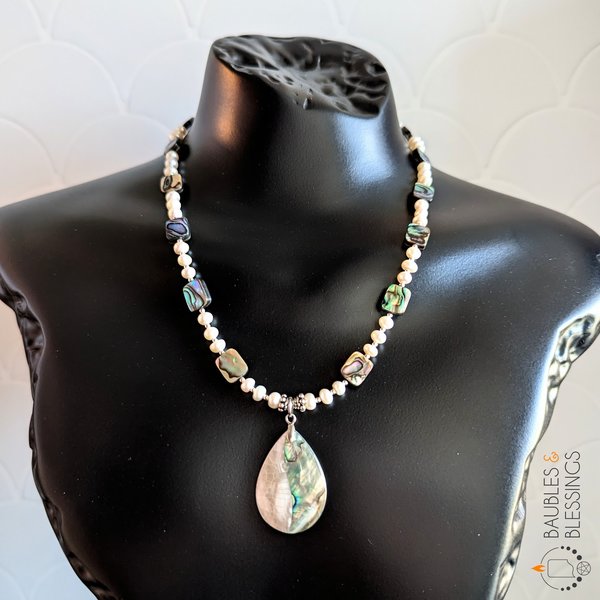 Abalone/Pāua Teardrop Necklace with Freshwater Pearls