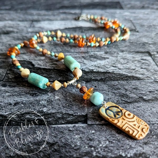 Hippie Peace Necklace with Gemstones & Czech Glass