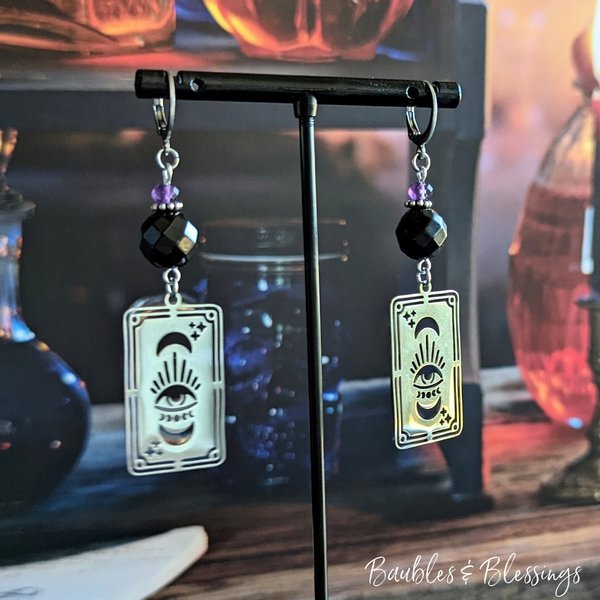 Tarot Card Earrings with Onyx & Amethyst