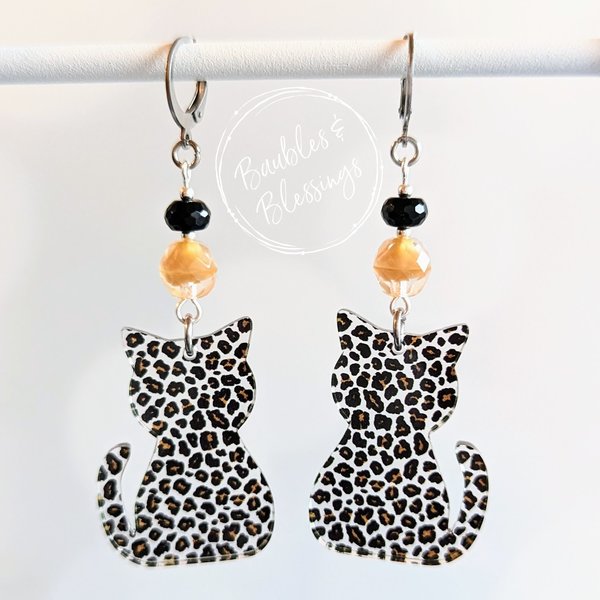 Acrylic Kitty Cat Earrings with Czech Glass & Onyx