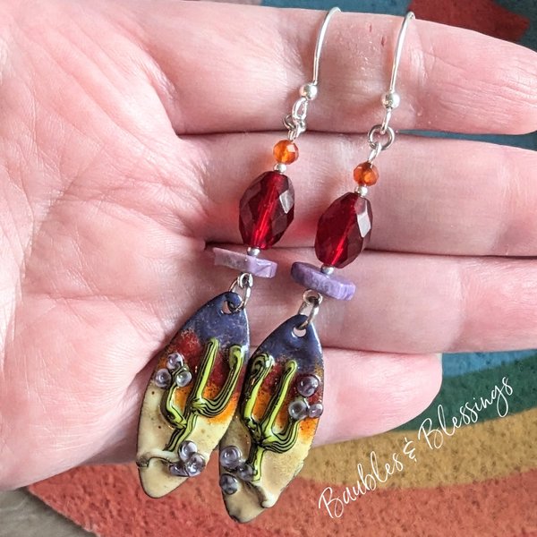 Cactus Earrings with Desert Sunset & Funky Beads