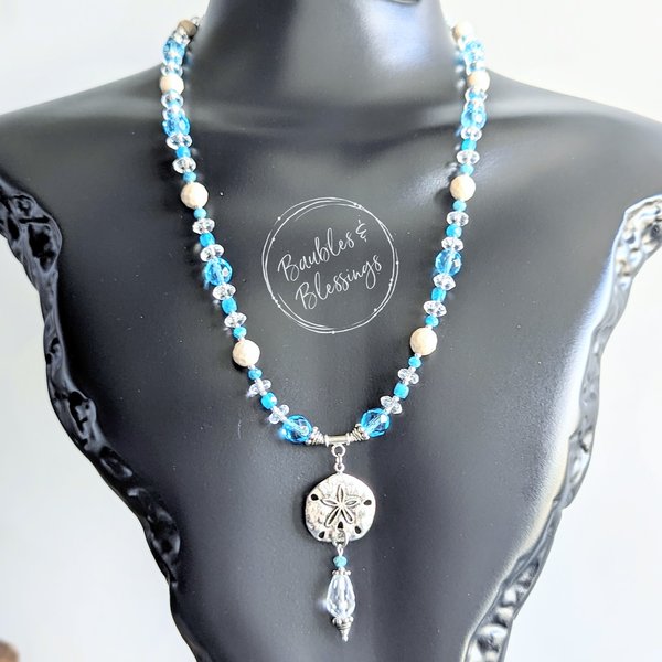 Beachy Sand Dollar Necklace with Apatite & Quartz