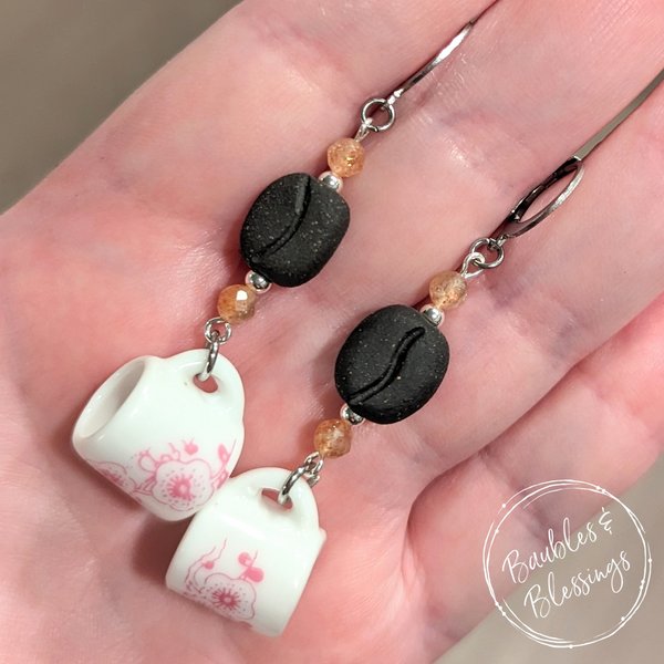 RESERVED for J: Coffee Earrings w/ Pink Flowers
